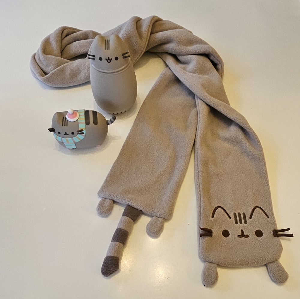 Set of 4 Pusheen Items: Thermos, Scarf, Winter Figurine, String Lights…